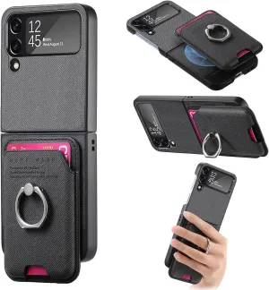 Asuwish Compatible with Samsung Galaxy Z Flip 4 5G 2022 Wallet Case and Detachable Card Holder Slot Magnetic Back Protective Case Ring Stand Kickstand Phone Cover for ZFlip4 Z4 Flip4 Women Men Black