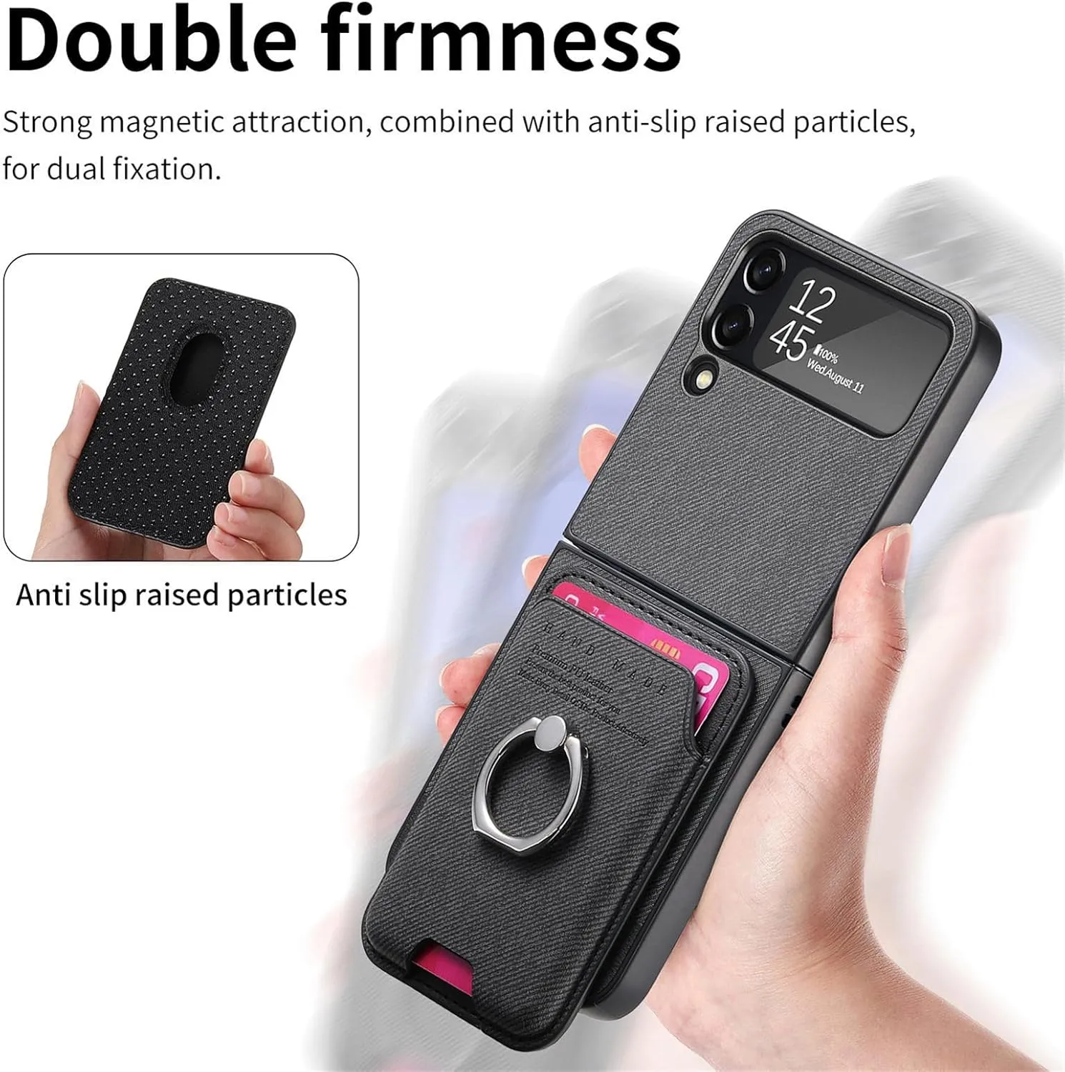 Asuwish Compatible with Samsung Galaxy Z Flip 4 5G 2022 Wallet Case and Detachable Card Holder Slot Magnetic Back Protective Case Ring Stand Kickstand Phone Cover for ZFlip4 Z4 Flip4 Women Men Black