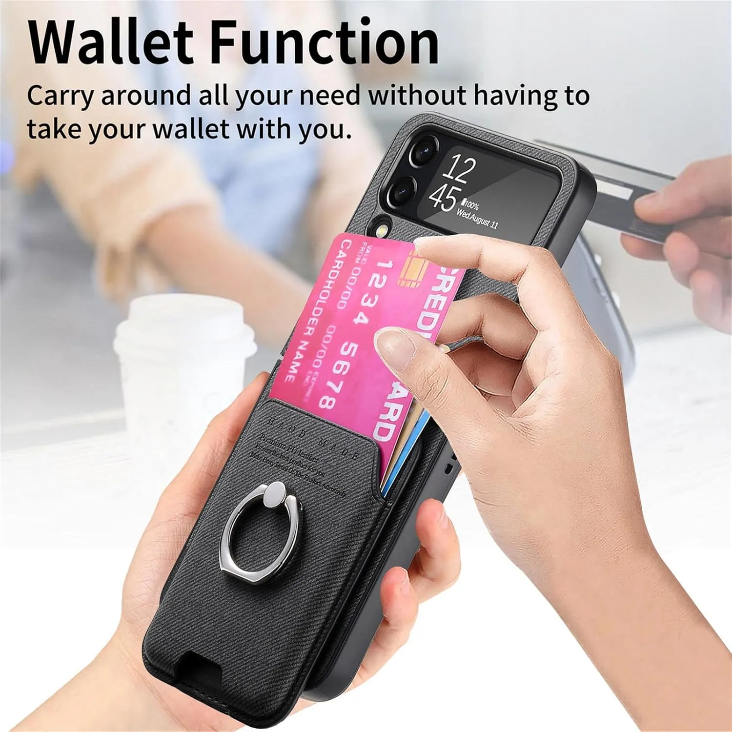 Asuwish Compatible with Samsung Galaxy Z Flip 4 5G 2022 Wallet Case and Detachable Card Holder Slot Magnetic Back Protective Case Ring Stand Kickstand Phone Cover for ZFlip4 Z4 Flip4 Women Men Black