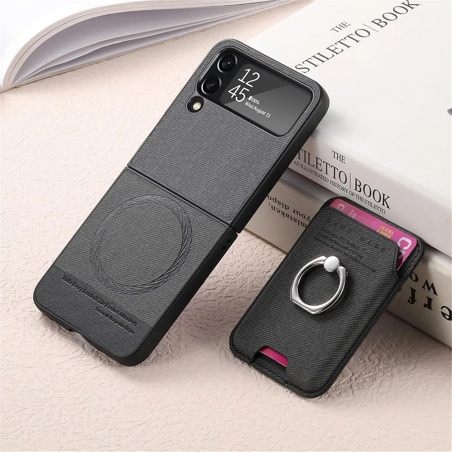 Asuwish Compatible with Samsung Galaxy Z Flip 4 5G 2022 Wallet Case and Detachable Card Holder Slot Magnetic Back Protective Case Ring Stand Kickstand Phone Cover for ZFlip4 Z4 Flip4 Women Men Black