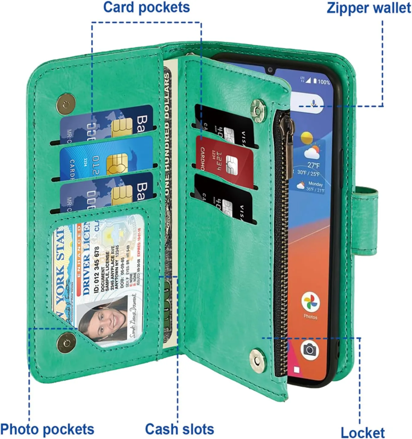 Asuwish Phone Case for Consumer Cellular ZMAX 5G / ZTE ZMAX 5G Z7540 Wallet Cell Cover with Tempered Glass Screen Protector Crossbody Strap Flip Zipper Card Holder Slot Stand Women Girls Men Green