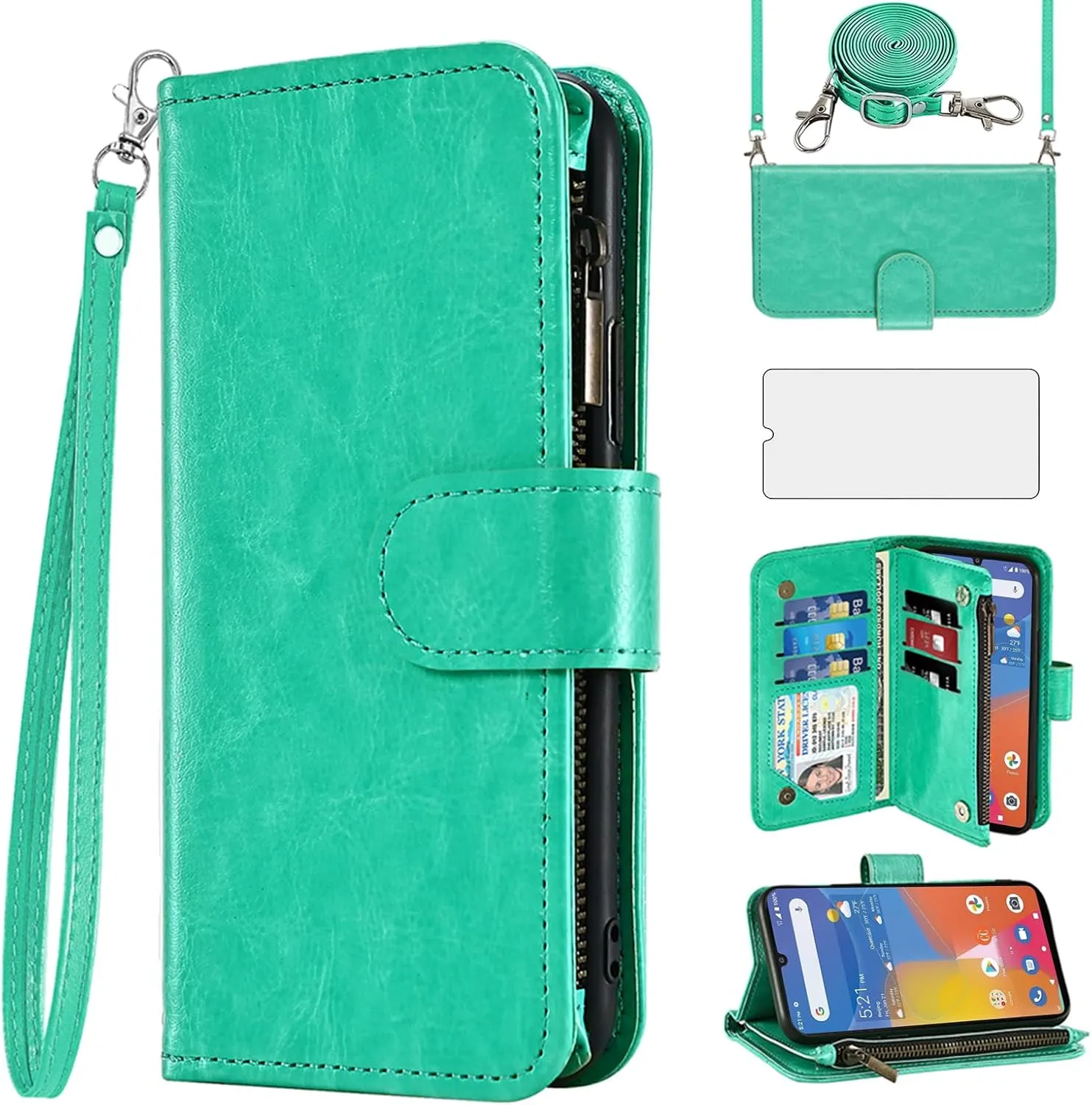 Asuwish Phone Case for Consumer Cellular ZMAX 5G / ZTE ZMAX 5G Z7540 Wallet Cell Cover with Tempered Glass Screen Protector Crossbody Strap Flip Zipper Card Holder Slot Stand Women Girls Men Green