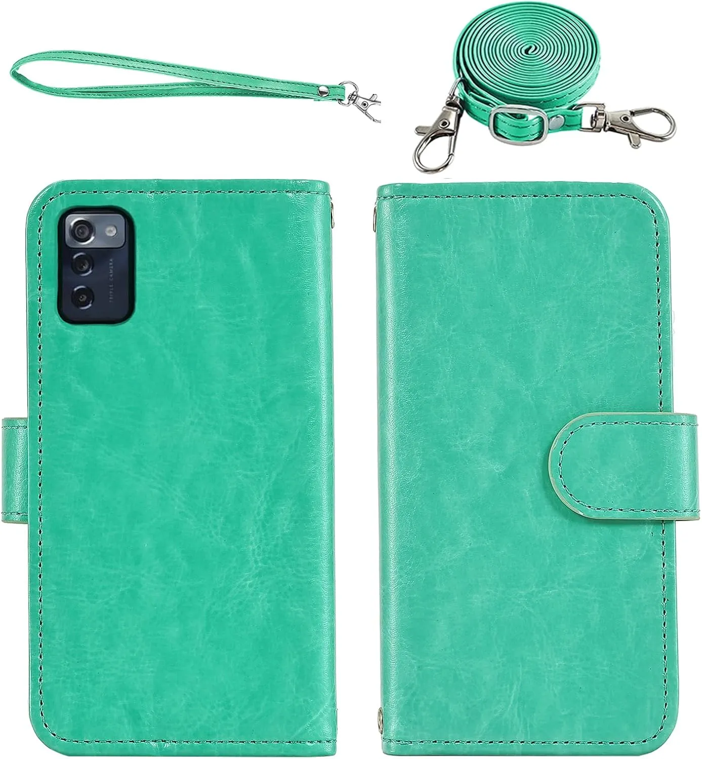 Asuwish Phone Case for Consumer Cellular ZMAX 5G / ZTE ZMAX 5G Z7540 Wallet Cell Cover with Tempered Glass Screen Protector Crossbody Strap Flip Zipper Card Holder Slot Stand Women Girls Men Green