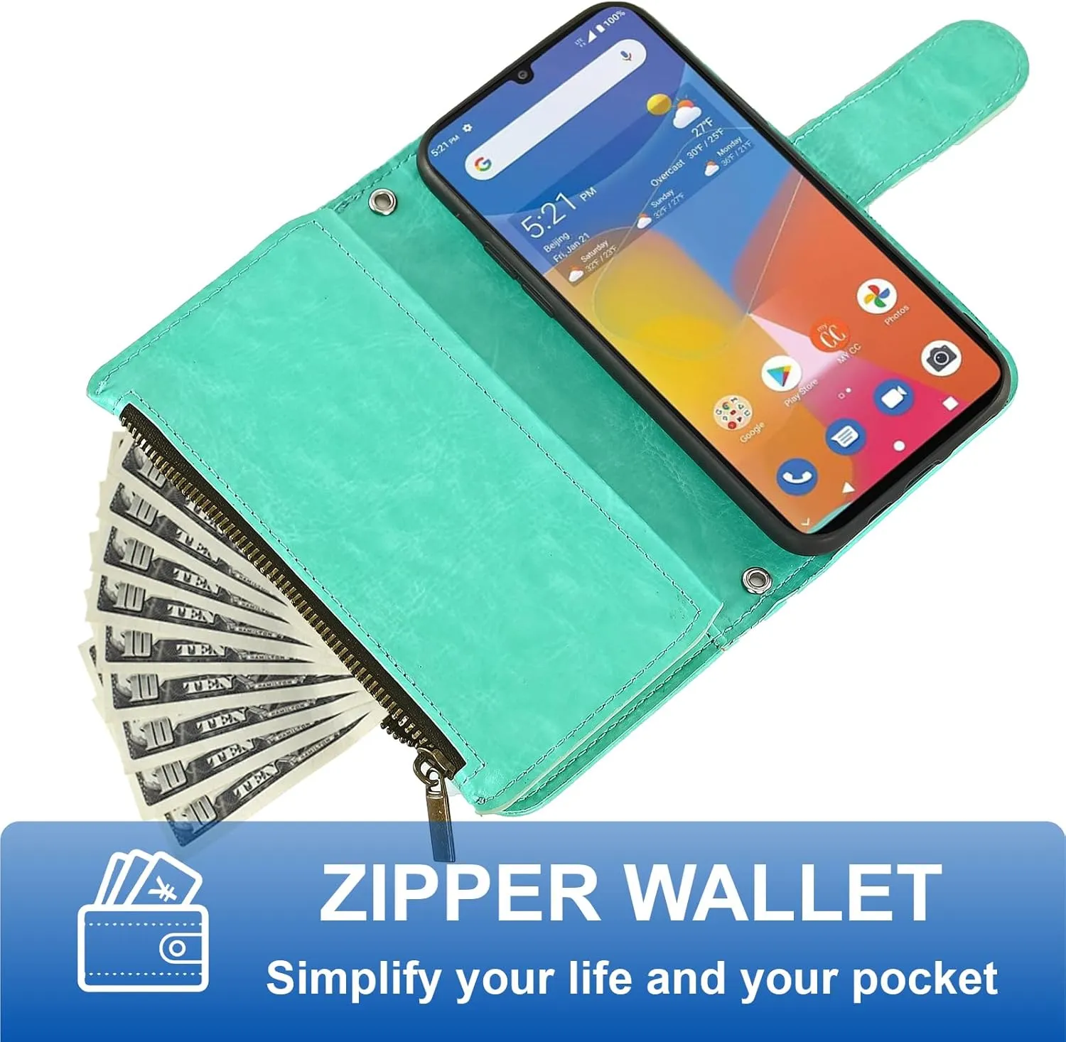 Asuwish Phone Case for Consumer Cellular ZMAX 5G / ZTE ZMAX 5G Z7540 Wallet Cell Cover with Tempered Glass Screen Protector Crossbody Strap Flip Zipper Card Holder Slot Stand Women Girls Men Green