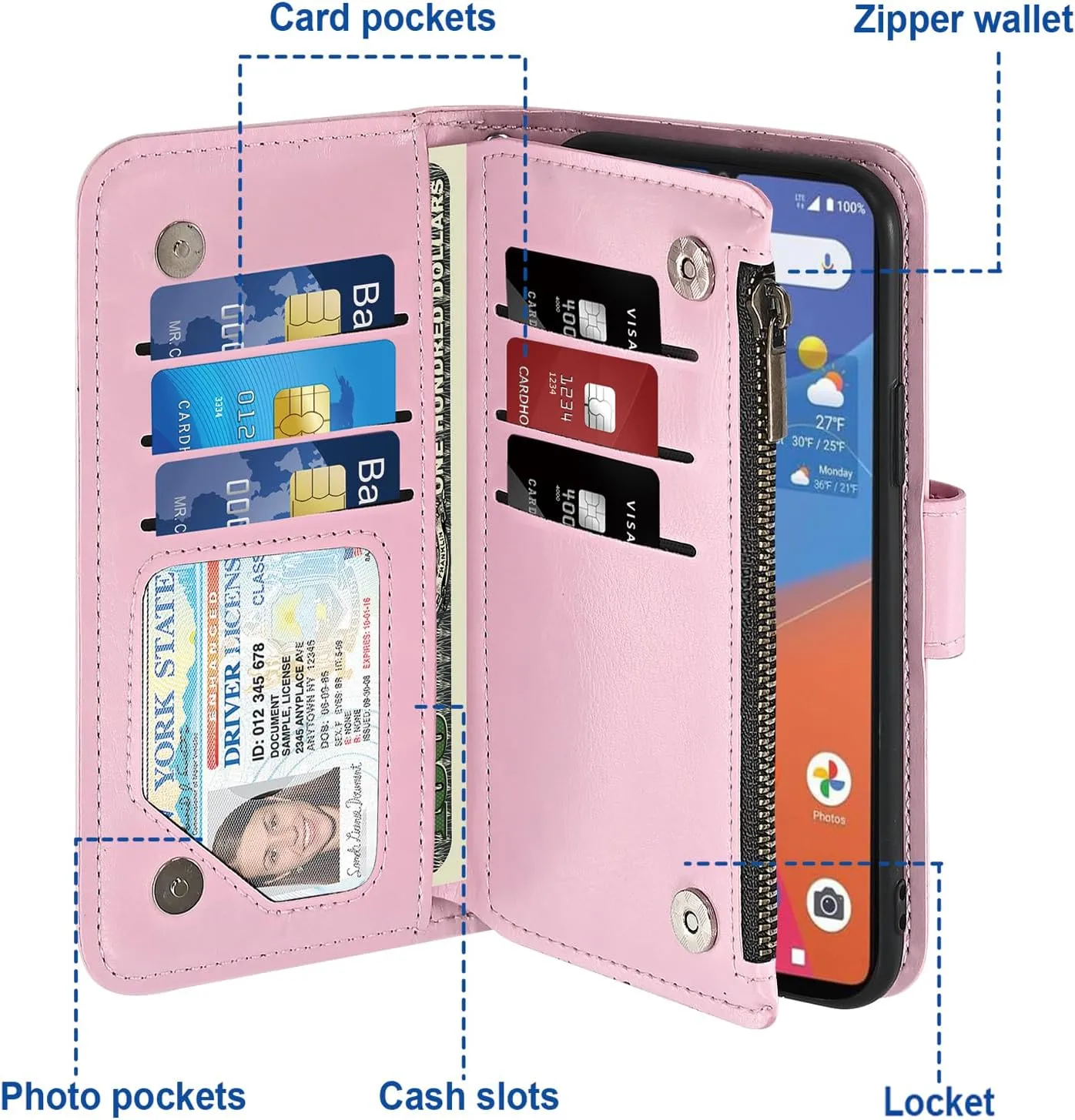 Asuwish Phone Case for Consumer Cellular ZMAX 5G / ZTE ZMAX 5G Z7540 Wallet Cell Cover with Tempered Glass Screen Protector Crossbody Strap Flip Zipper Card Holder Slot Stand Women Girls Men Pink