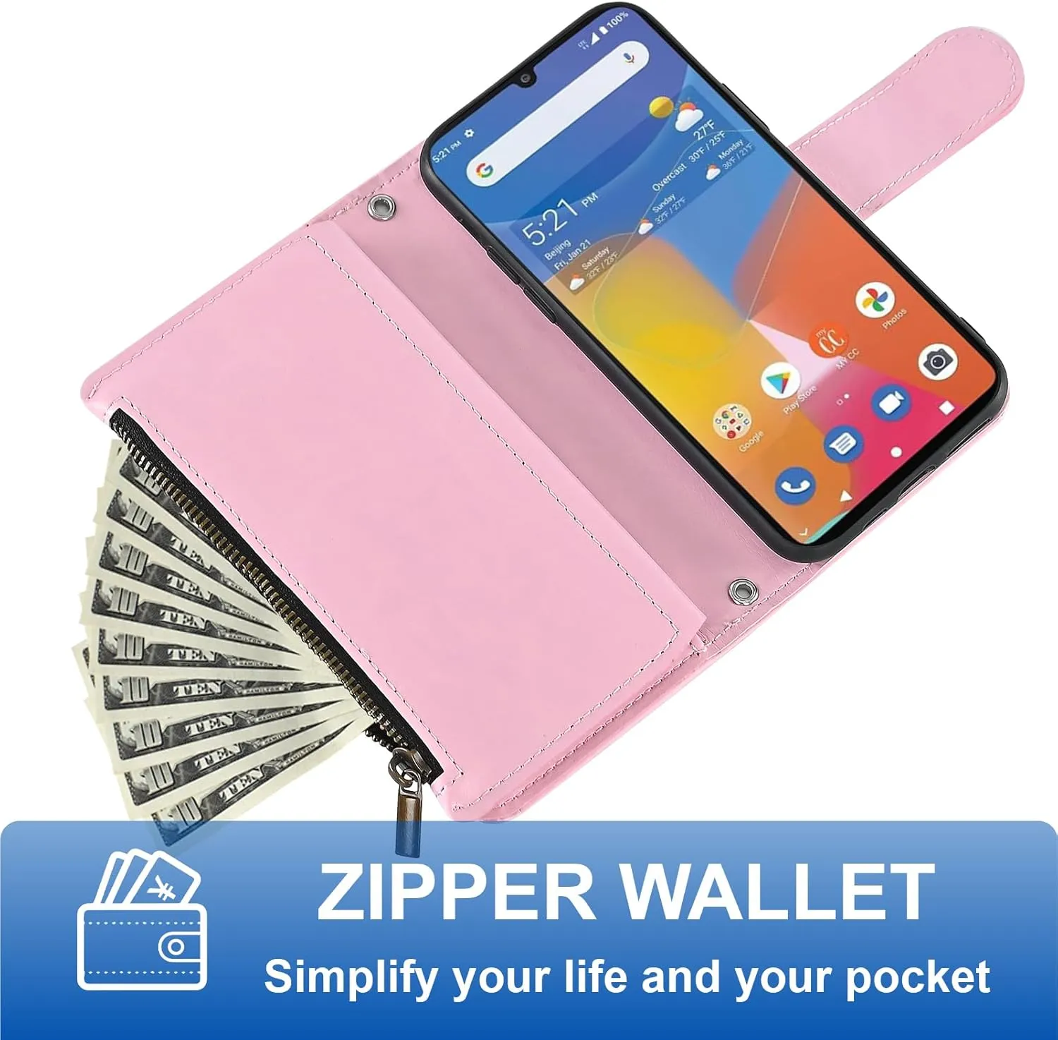 Asuwish Phone Case for Consumer Cellular ZMAX 5G / ZTE ZMAX 5G Z7540 Wallet Cell Cover with Tempered Glass Screen Protector Crossbody Strap Flip Zipper Card Holder Slot Stand Women Girls Men Pink
