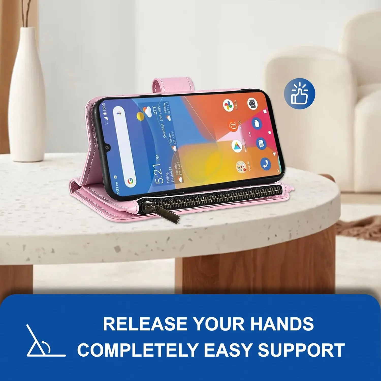 Asuwish Phone Case for Consumer Cellular ZMAX 5G / ZTE ZMAX 5G Z7540 Wallet Cell Cover with Tempered Glass Screen Protector Crossbody Strap Flip Zipper Card Holder Slot Stand Women Girls Men Pink