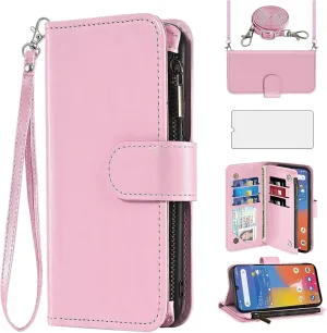 Asuwish Phone Case for Consumer Cellular ZMAX 5G / ZTE ZMAX 5G Z7540 Wallet Cell Cover with Tempered Glass Screen Protector Crossbody Strap Flip Zipper Card Holder Slot Stand Women Girls Men Pink