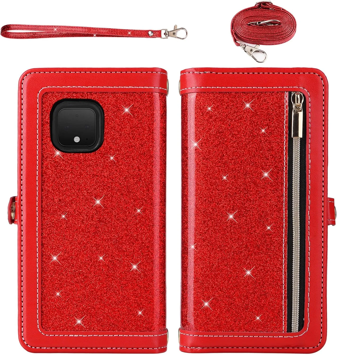 Asuwish Phone Case for Google Pixel 4 Zipper Wallet Detachable Cell Cover with Tempered Glass Screen Protector Crossbody Lanyard Strap Bling Glitter Flip Card Holder Pixel4 Pixle Four Women Girls Red