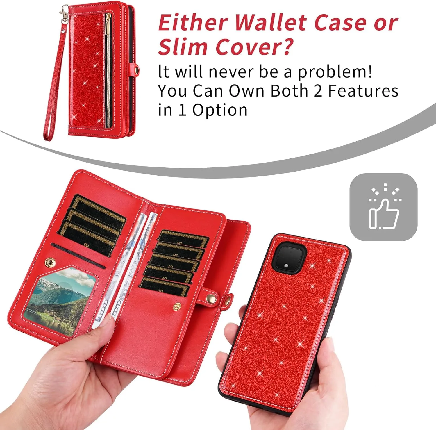 Asuwish Phone Case for Google Pixel 4 Zipper Wallet Detachable Cell Cover with Tempered Glass Screen Protector Crossbody Lanyard Strap Bling Glitter Flip Card Holder Pixel4 Pixle Four Women Girls Red