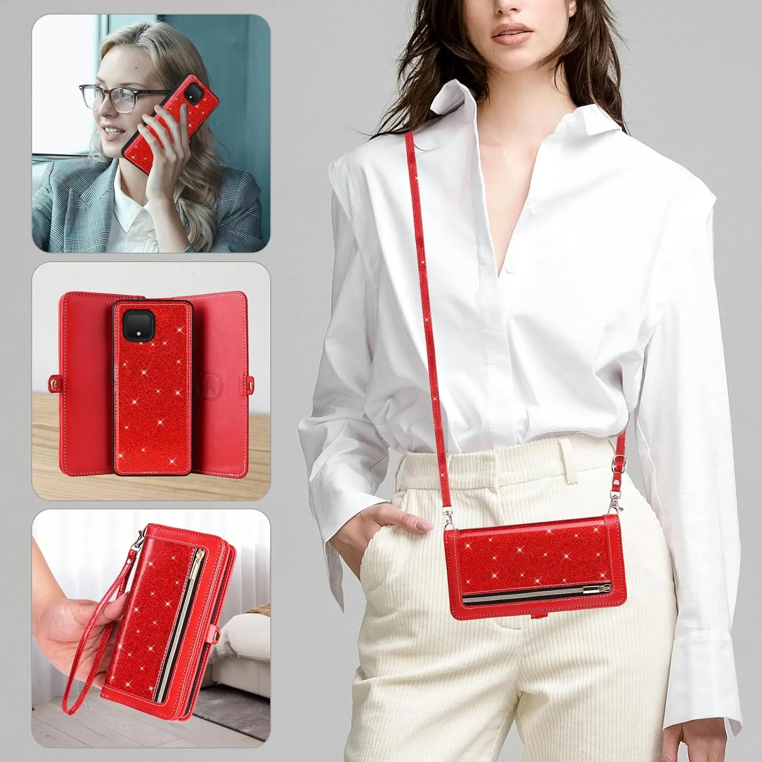 Asuwish Phone Case for Google Pixel 4 Zipper Wallet Detachable Cell Cover with Tempered Glass Screen Protector Crossbody Lanyard Strap Bling Glitter Flip Card Holder Pixel4 Pixle Four Women Girls Red