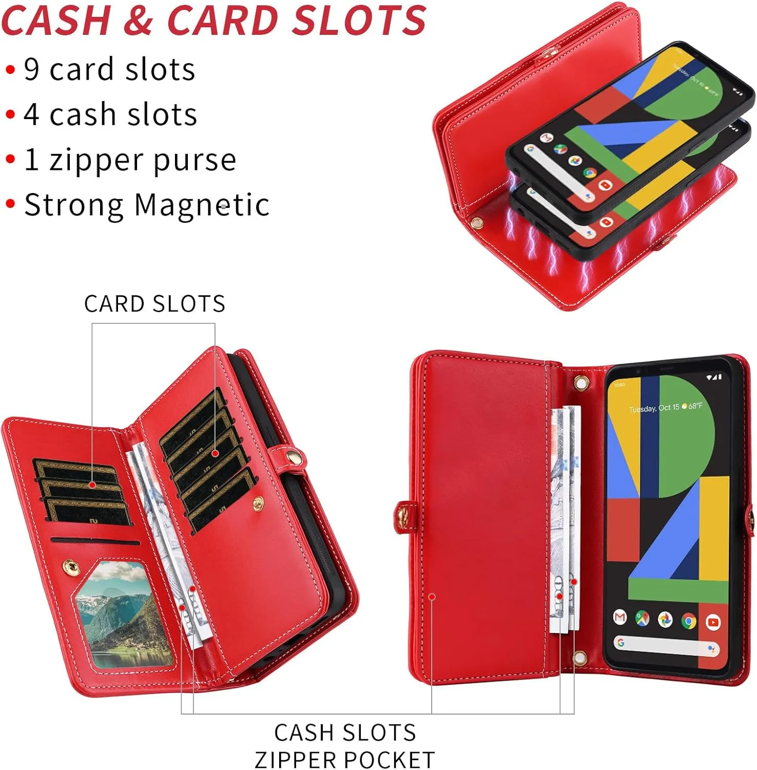 Asuwish Phone Case for Google Pixel 4 Zipper Wallet Detachable Cell Cover with Tempered Glass Screen Protector Crossbody Lanyard Strap Bling Glitter Flip Card Holder Pixel4 Pixle Four Women Girls Red