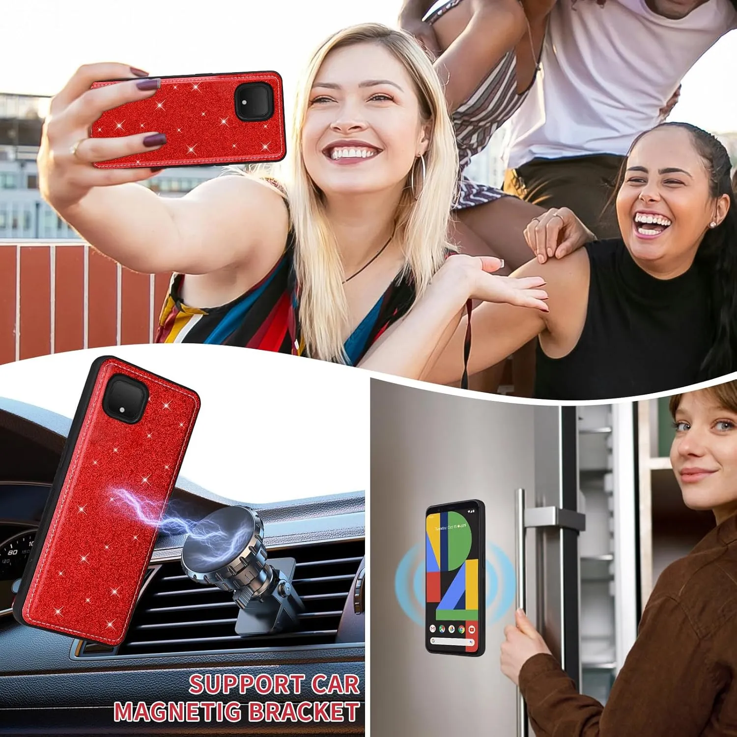 Asuwish Phone Case for Google Pixel 4 Zipper Wallet Detachable Cell Cover with Tempered Glass Screen Protector Crossbody Lanyard Strap Bling Glitter Flip Card Holder Pixel4 Pixle Four Women Girls Red