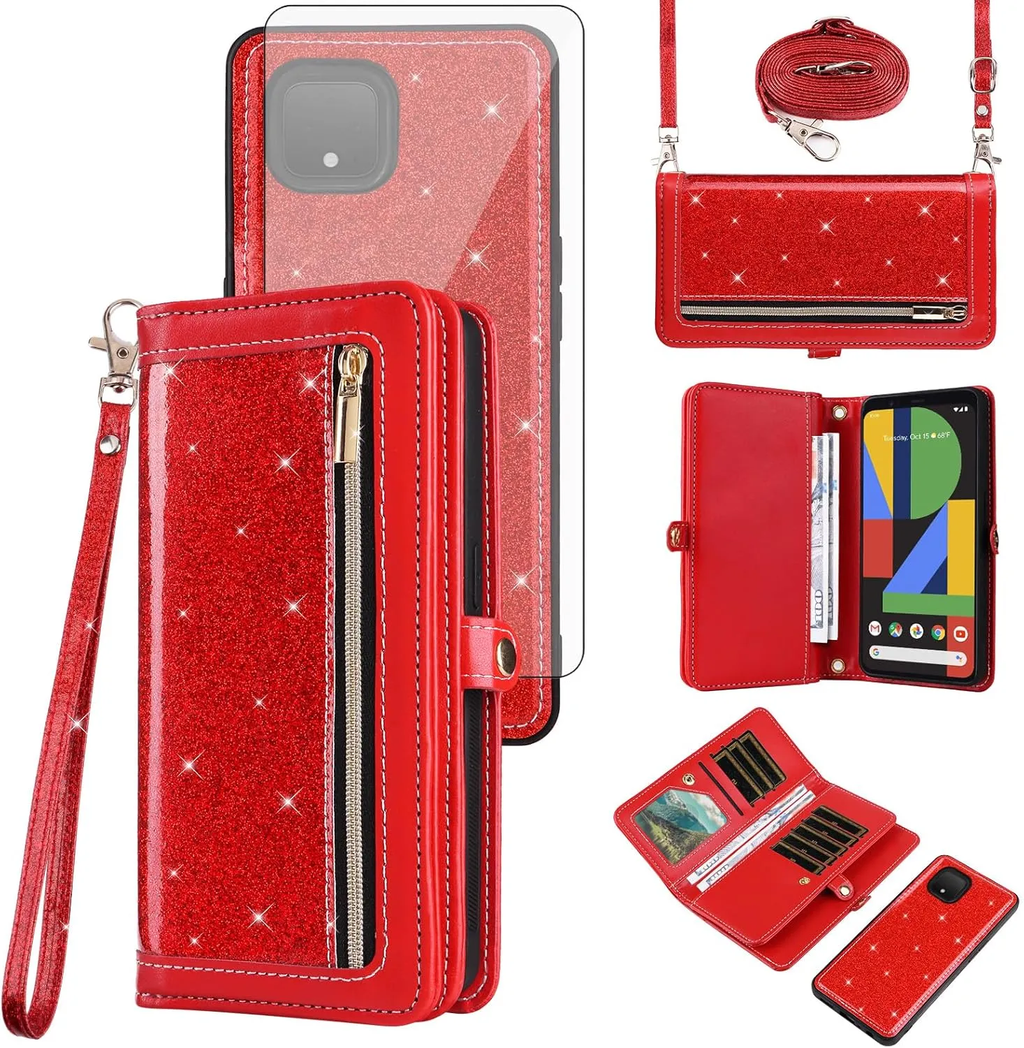 Asuwish Phone Case for Google Pixel 4 Zipper Wallet Detachable Cell Cover with Tempered Glass Screen Protector Crossbody Lanyard Strap Bling Glitter Flip Card Holder Pixel4 Pixle Four Women Girls Red