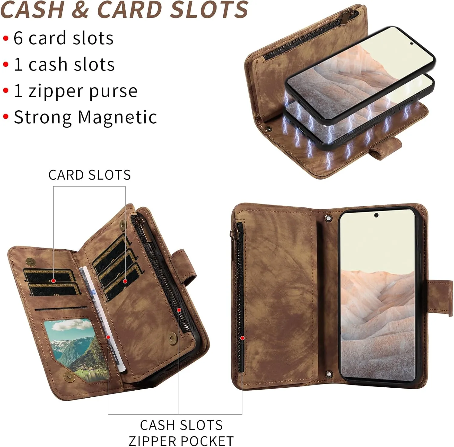 Asuwish Phone Case for Google Pixel 6 Pro Zipper Wallet Cell Cover with Tempered Glass Screen Protector Crossbody Strap Flip Credit Card Holder Pixel6Pro Pixel6 XL 6XL Pixle 6Pro 5G Women Girls Brown