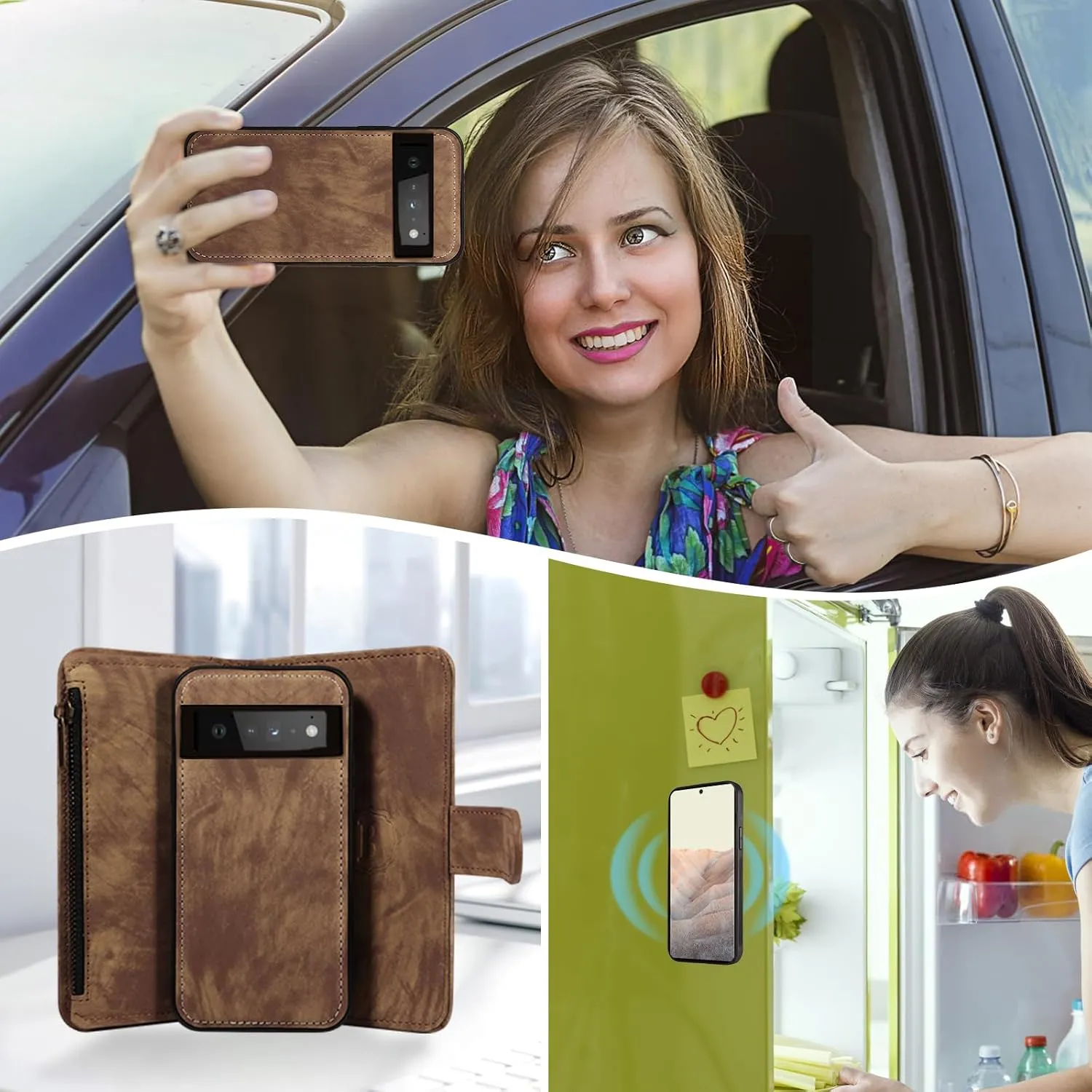 Asuwish Phone Case for Google Pixel 6 Pro Zipper Wallet Cell Cover with Tempered Glass Screen Protector Crossbody Strap Flip Credit Card Holder Pixel6Pro Pixel6 XL 6XL Pixle 6Pro 5G Women Girls Brown