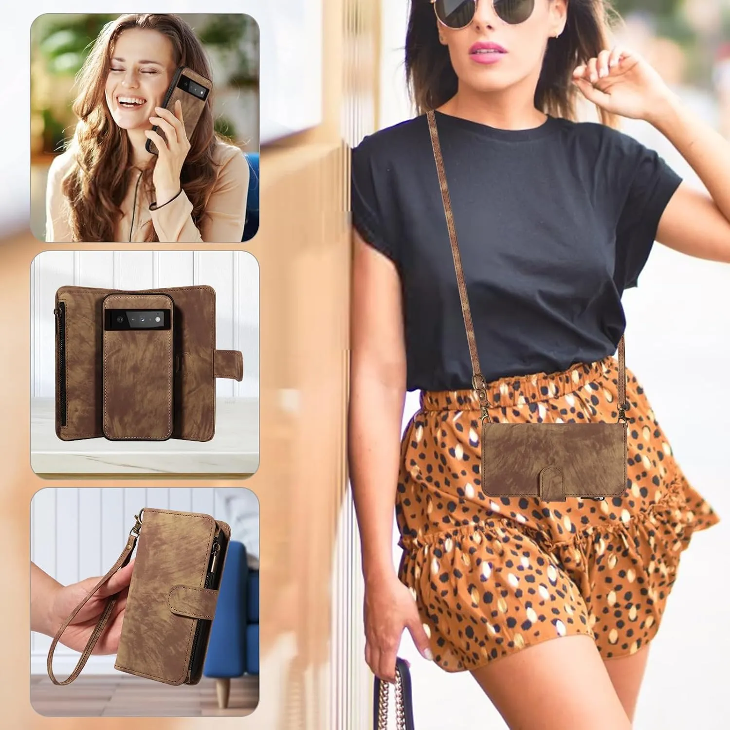 Asuwish Phone Case for Google Pixel 6 Pro Zipper Wallet Cell Cover with Tempered Glass Screen Protector Crossbody Strap Flip Credit Card Holder Pixel6Pro Pixel6 XL 6XL Pixle 6Pro 5G Women Girls Brown