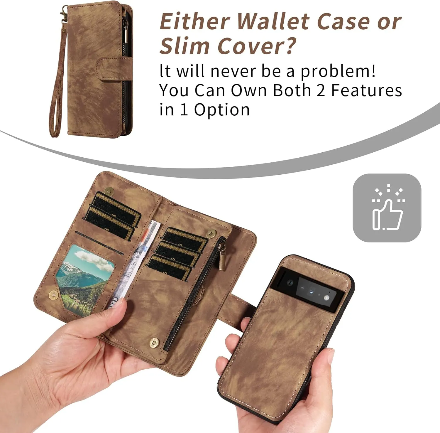 Asuwish Phone Case for Google Pixel 6 Pro Zipper Wallet Cell Cover with Tempered Glass Screen Protector Crossbody Strap Flip Credit Card Holder Pixel6Pro Pixel6 XL 6XL Pixle 6Pro 5G Women Girls Brown