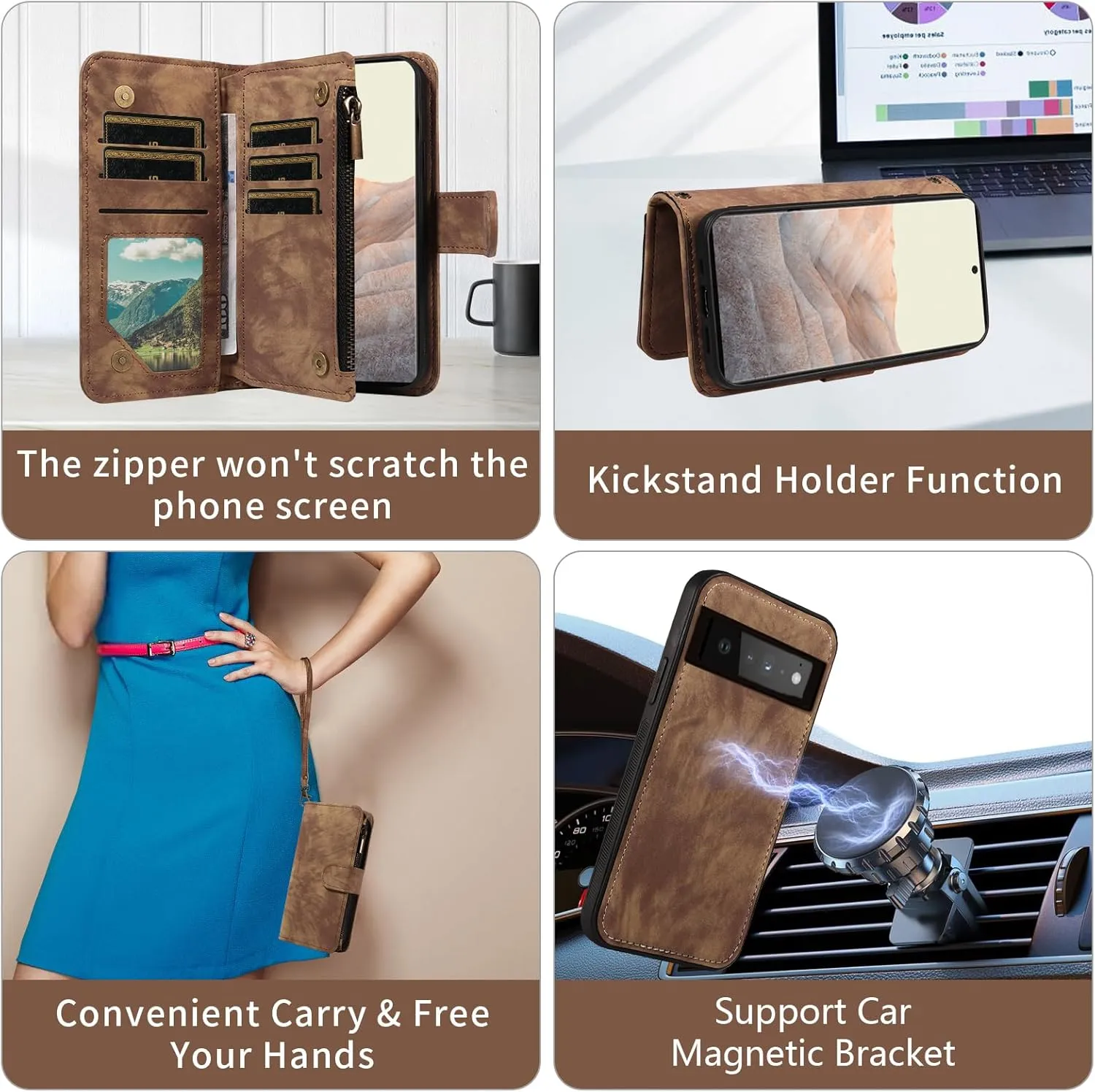 Asuwish Phone Case for Google Pixel 6 Pro Zipper Wallet Cell Cover with Tempered Glass Screen Protector Crossbody Strap Flip Credit Card Holder Pixel6Pro Pixel6 XL 6XL Pixle 6Pro 5G Women Girls Brown