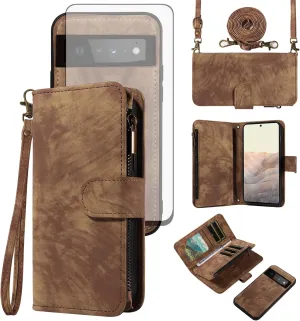Asuwish Phone Case for Google Pixel 6 Pro Zipper Wallet Cell Cover with Tempered Glass Screen Protector Crossbody Strap Flip Credit Card Holder Pixel6Pro Pixel6 XL 6XL Pixle 6Pro 5G Women Girls Brown