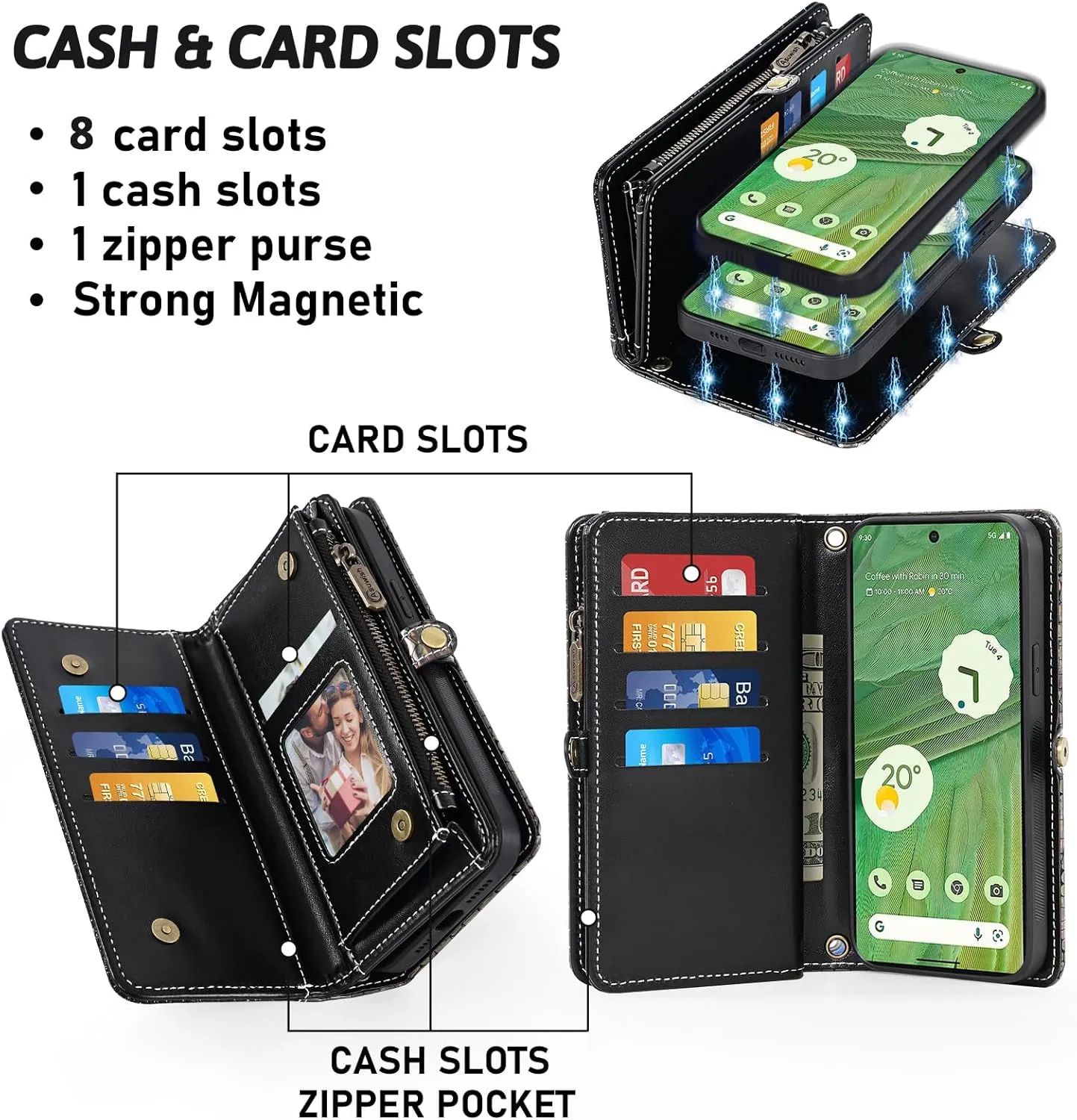 Asuwish Phone Case for Google Pixel 7 5G Zipper Wallet Detachable with Tempered Glass Screen Protector Cover and Card Holder Slot Wrist Strap Purse Flip Mobile Pixel7 Pixle Seven 6.3 Women Men Black