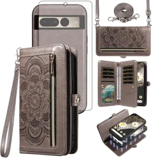 Asuwish Phone Case for Google Pixel 7 Pro 5G Zipper Wallet Detachable Cell Cover with Tempered Glass Screen Protector Crossbody Strap Flower Card Holder Pixel7Pro Pixel7 XL Seven 7Pro 6.7 Women Gray