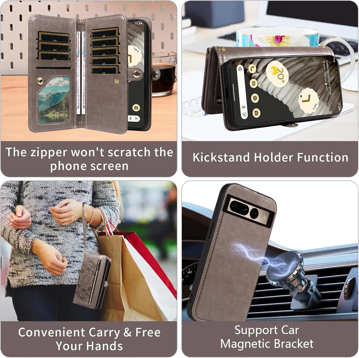Asuwish Phone Case for Google Pixel 7 Pro 5G Zipper Wallet Detachable Cell Cover with Tempered Glass Screen Protector Crossbody Strap Flower Card Holder Pixel7Pro Pixel7 XL Seven 7Pro 6.7 Women Gray