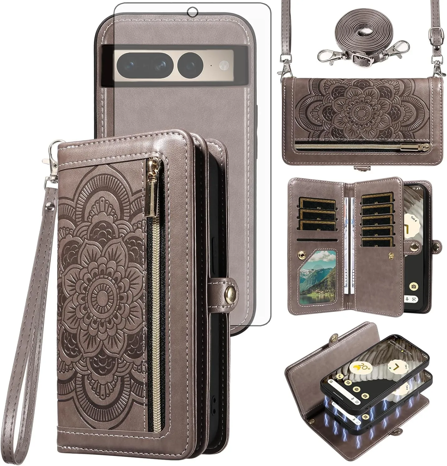 Asuwish Phone Case for Google Pixel 7 Pro 5G Zipper Wallet Detachable Cell Cover with Tempered Glass Screen Protector Crossbody Strap Flower Card Holder Pixel7Pro Pixel7 XL Seven 7Pro 6.7 Women Gray