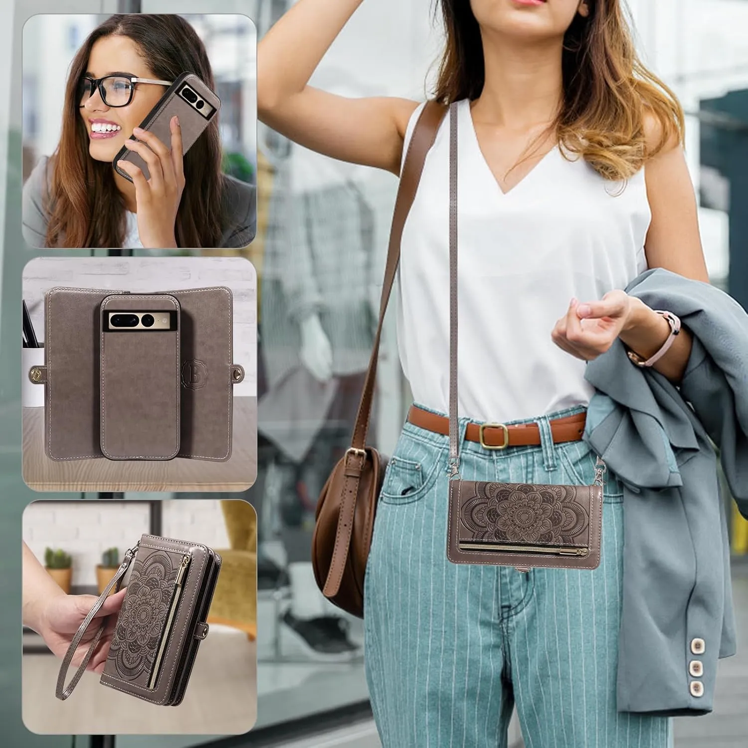 Asuwish Phone Case for Google Pixel 7 Pro 5G Zipper Wallet Detachable Cell Cover with Tempered Glass Screen Protector Crossbody Strap Flower Card Holder Pixel7Pro Pixel7 XL Seven 7Pro 6.7 Women Gray
