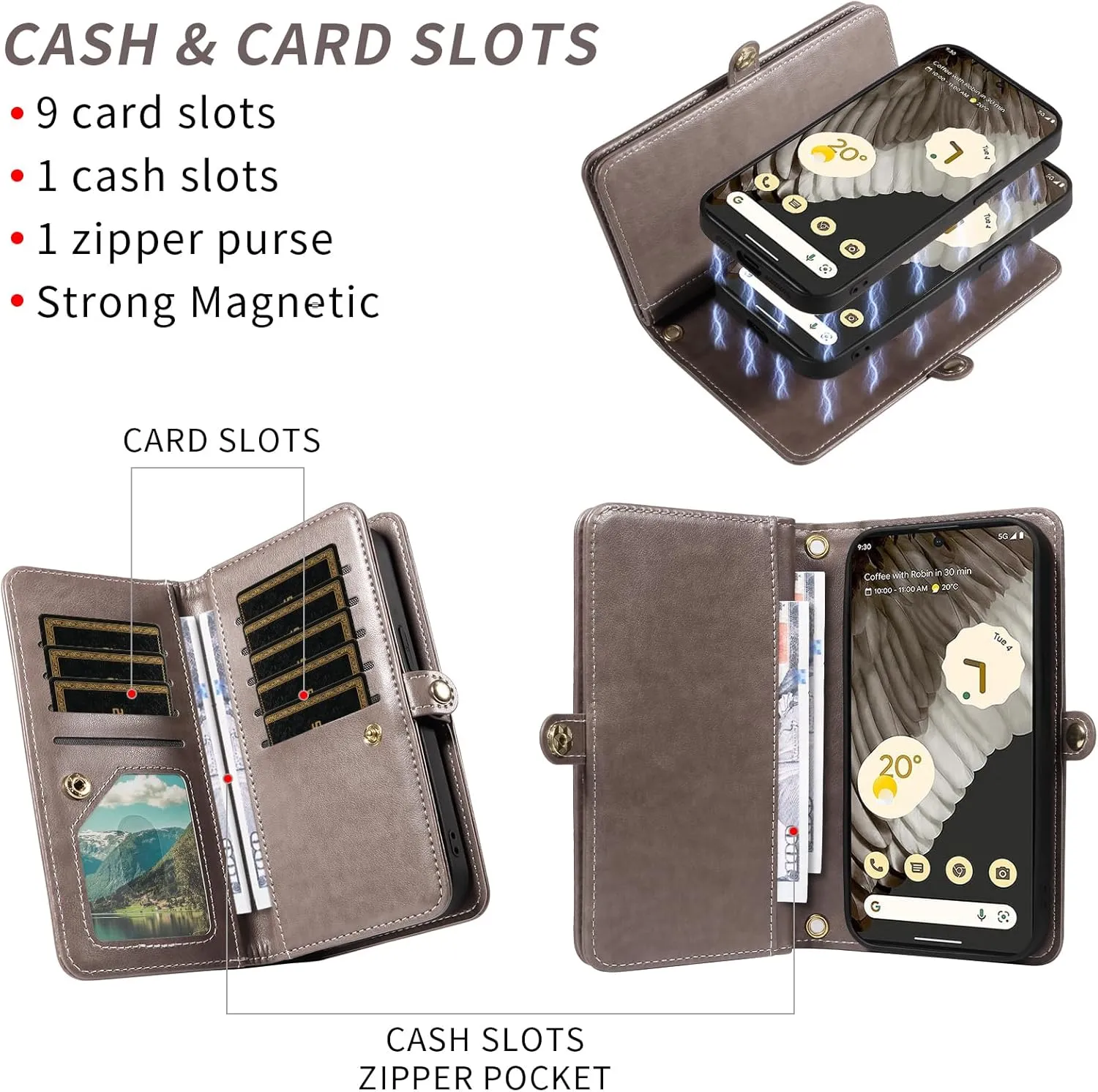 Asuwish Phone Case for Google Pixel 7 Pro 5G Zipper Wallet Detachable Cell Cover with Tempered Glass Screen Protector Crossbody Strap Flower Card Holder Pixel7Pro Pixel7 XL Seven 7Pro 6.7 Women Gray