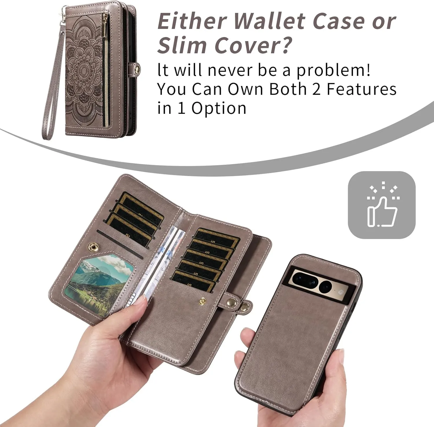 Asuwish Phone Case for Google Pixel 7 Pro 5G Zipper Wallet Detachable Cell Cover with Tempered Glass Screen Protector Crossbody Strap Flower Card Holder Pixel7Pro Pixel7 XL Seven 7Pro 6.7 Women Gray
