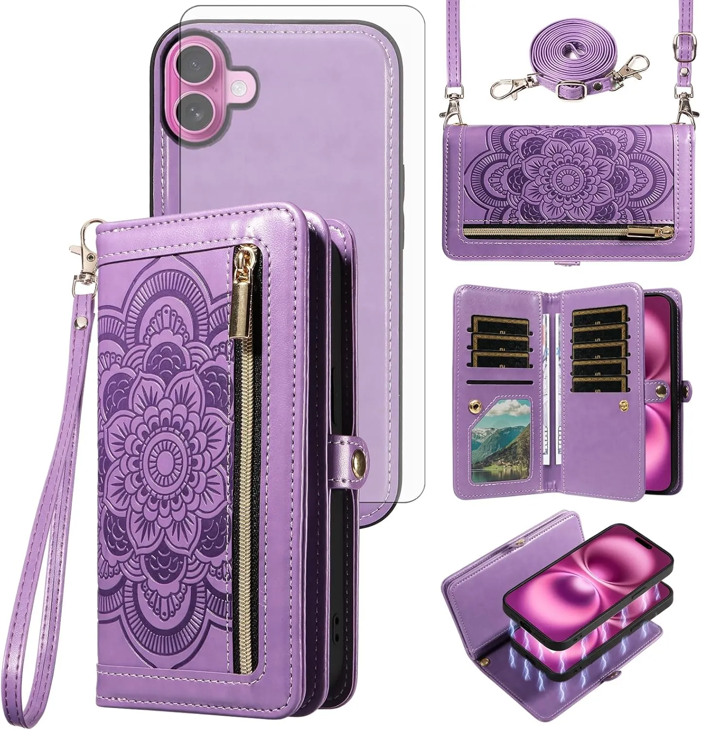 Asuwish Phone Case for iPhone 16 Plus 6.7 inch Zipper Wallet Detachable Cell Cover with Tempered Glass Screen Protector Crossbody Strap Flower Card Holder i Phone16 16  i16   16Plus Women Girls Purple