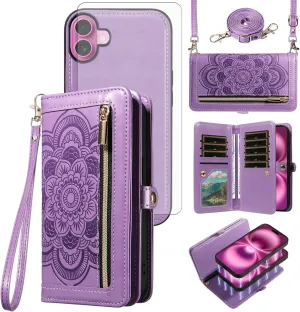 Asuwish Phone Case for iPhone 16 Plus 6.7 inch Zipper Wallet Detachable Cell Cover with Tempered Glass Screen Protector Crossbody Strap Flower Card Holder i Phone16 16  i16   16Plus Women Girls Purple