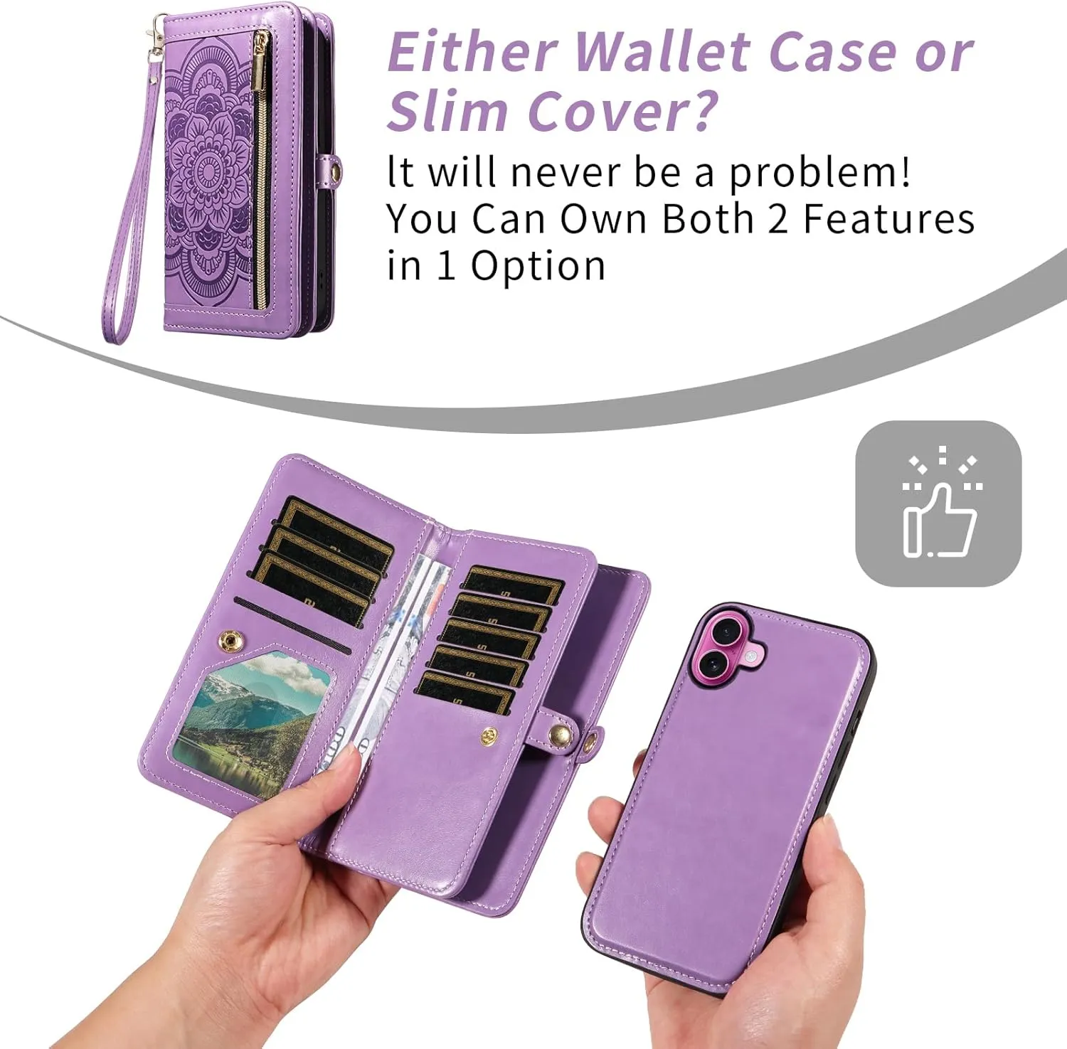 Asuwish Phone Case for iPhone 16 Plus 6.7 inch Zipper Wallet Detachable Cell Cover with Tempered Glass Screen Protector Crossbody Strap Flower Card Holder i Phone16 16  i16   16Plus Women Girls Purple