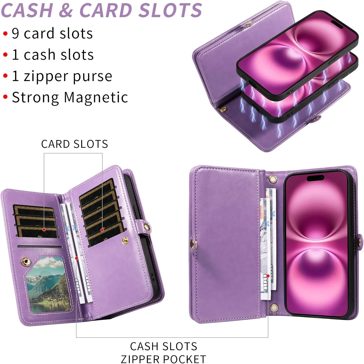 Asuwish Phone Case for iPhone 16 Plus 6.7 inch Zipper Wallet Detachable Cell Cover with Tempered Glass Screen Protector Crossbody Strap Flower Card Holder i Phone16 16  i16   16Plus Women Girls Purple