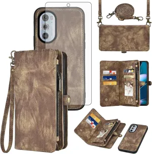 Asuwish Phone Case for Motorola Edge  Plus 2022/Edge X30/30 Pro Zipper Wallet Detachable Cell Cover with Tempered Glass Screen Protector Crossbody Strap Flip Card Holder Moto Edge   5G UW Women Brown