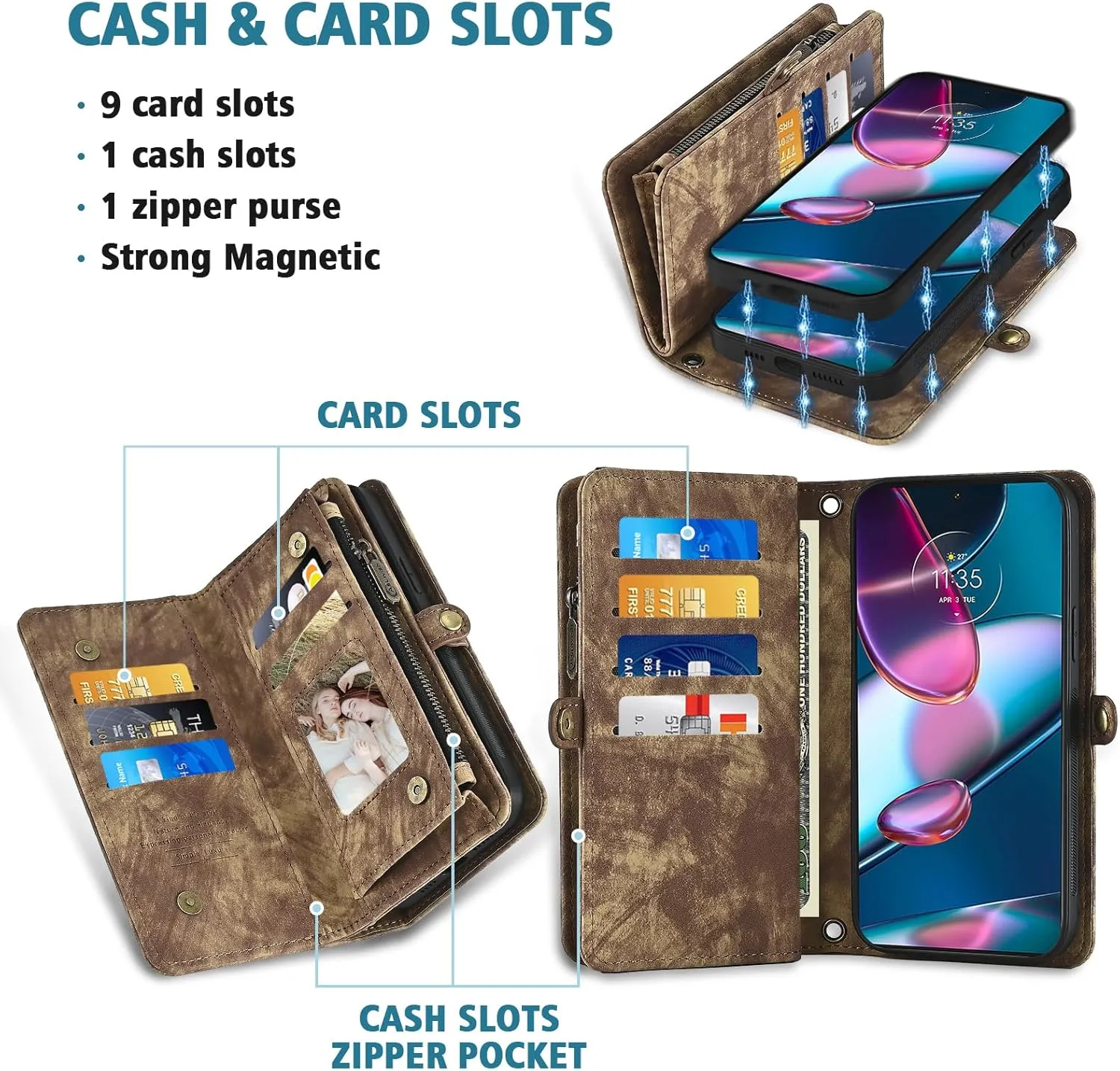 Asuwish Phone Case for Motorola Edge  Plus 2022/Edge X30/30 Pro Zipper Wallet Detachable Cell Cover with Tempered Glass Screen Protector Crossbody Strap Flip Card Holder Moto Edge   5G UW Women Brown