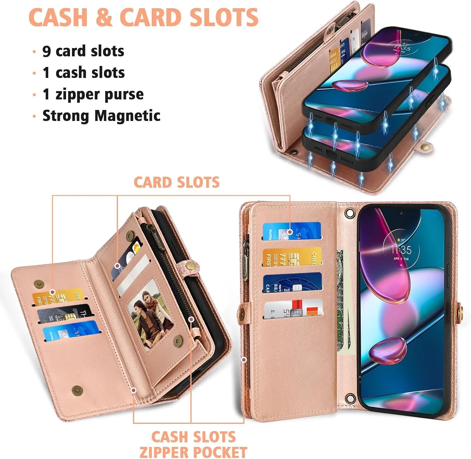 Asuwish Phone Case for Motorola Edge  Plus 2022/Edge X30/30 Pro Zipper Wallet Detachable Cell Cover with Tempered Glass Screen Protector Wrist Strap Flip Card Holder Moto Edge   5G UW Women Rosegold