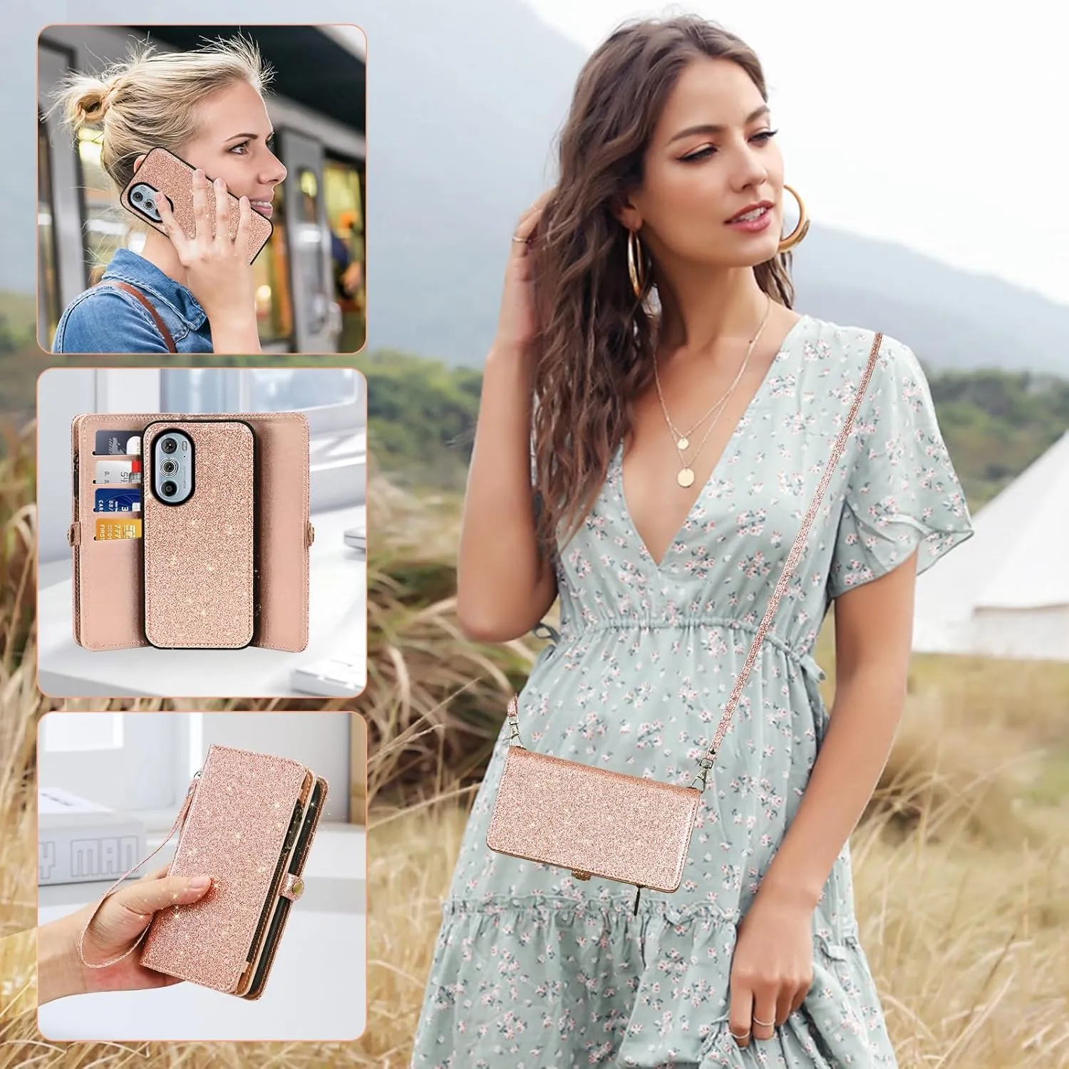 Asuwish Phone Case for Motorola Edge  Plus 2022/Edge X30/30 Pro Zipper Wallet Detachable Cell Cover with Tempered Glass Screen Protector Wrist Strap Flip Card Holder Moto Edge   5G UW Women Rosegold