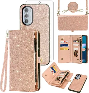 Asuwish Phone Case for Motorola Edge  Plus 2022/Edge X30/30 Pro Zipper Wallet Detachable Cell Cover with Tempered Glass Screen Protector Wrist Strap Flip Card Holder Moto Edge   5G UW Women Rosegold