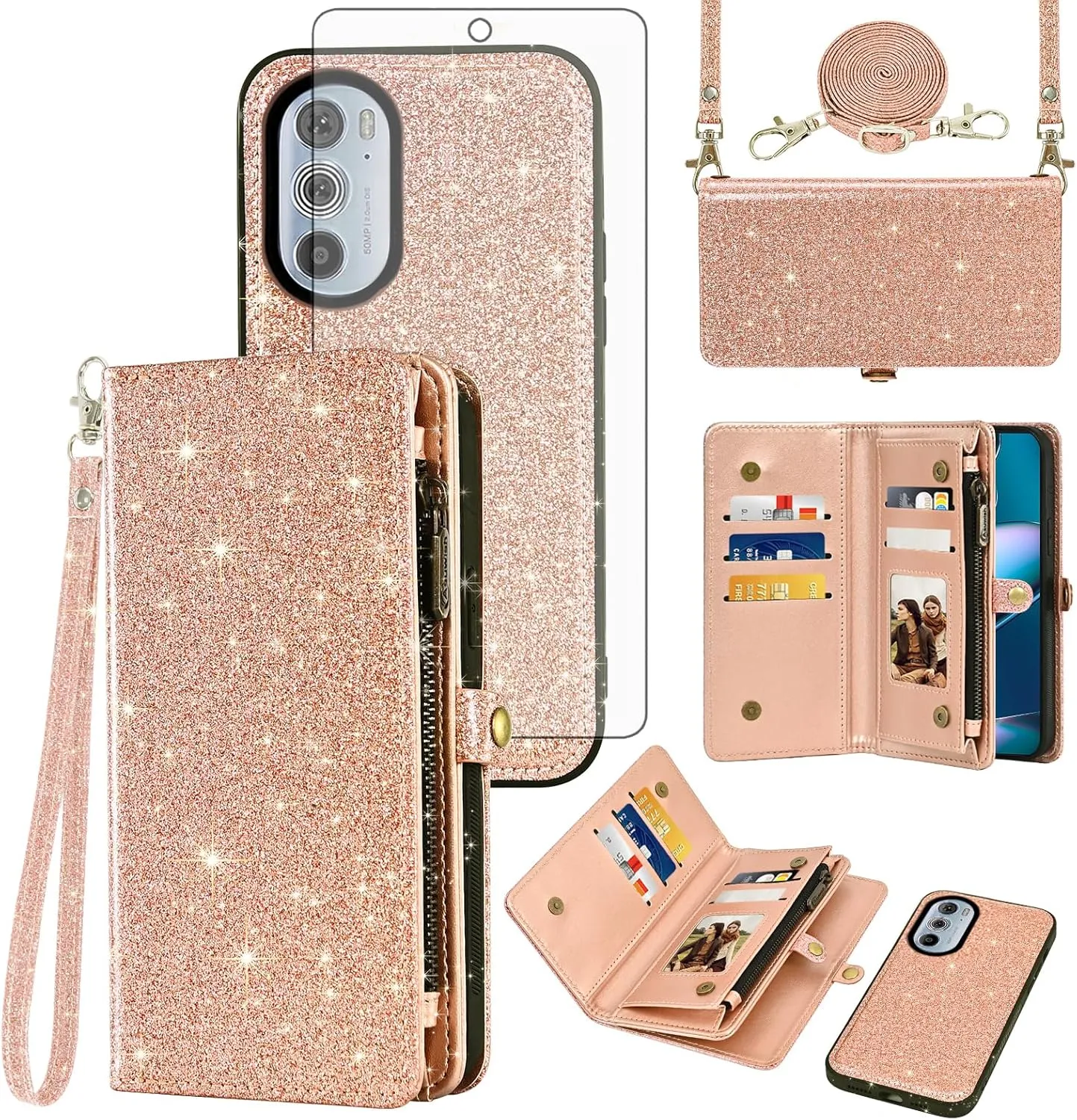 Asuwish Phone Case for Motorola Edge  Plus 2022/Edge X30/30 Pro Zipper Wallet Detachable Cell Cover with Tempered Glass Screen Protector Wrist Strap Flip Card Holder Moto Edge   5G UW Women Rosegold