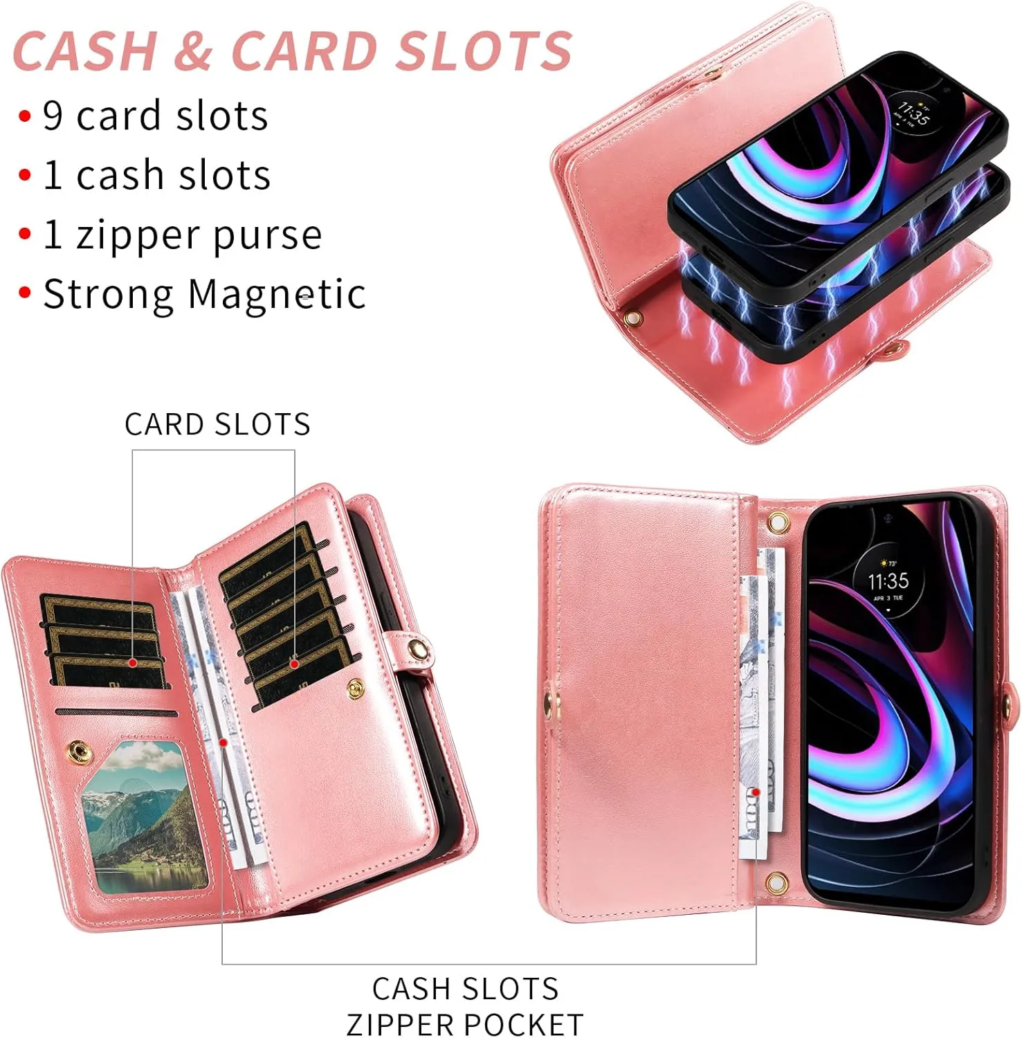 Asuwish Phone Case for Motorola Moto Edge 2021/MotoEdge 5G UW 2021 Zipper Wallet Detachable Cell Cover with Tempered Glass Screen Protector Crossbody Strap Flower Card Holder XT2141-1 Women Rose Gold