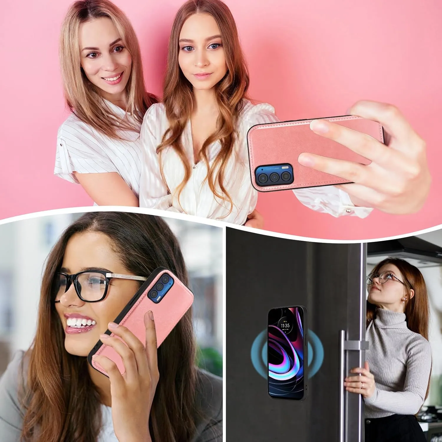 Asuwish Phone Case for Motorola Moto Edge 2021/MotoEdge 5G UW 2021 Zipper Wallet Detachable Cell Cover with Tempered Glass Screen Protector Crossbody Strap Flower Card Holder XT2141-1 Women Rose Gold