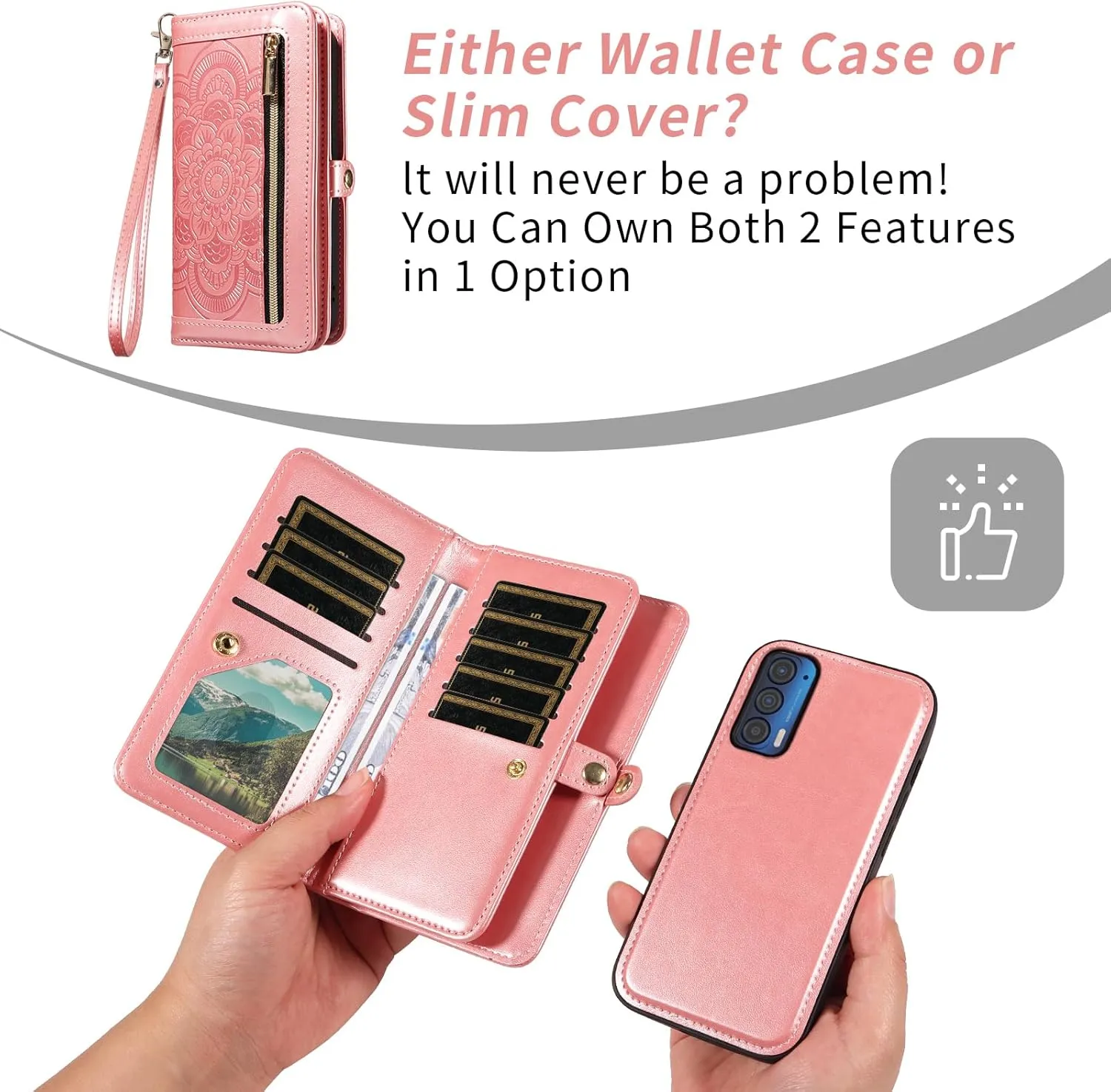 Asuwish Phone Case for Motorola Moto Edge 2021/MotoEdge 5G UW 2021 Zipper Wallet Detachable Cell Cover with Tempered Glass Screen Protector Crossbody Strap Flower Card Holder XT2141-1 Women Rose Gold