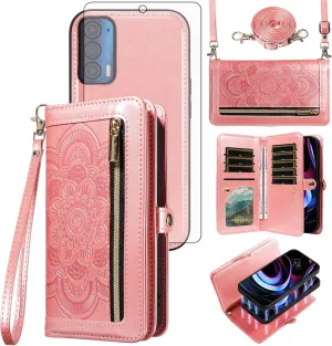 Asuwish Phone Case for Motorola Moto Edge 2021/MotoEdge 5G UW 2021 Zipper Wallet Detachable Cell Cover with Tempered Glass Screen Protector Crossbody Strap Flower Card Holder XT2141-1 Women Rose Gold