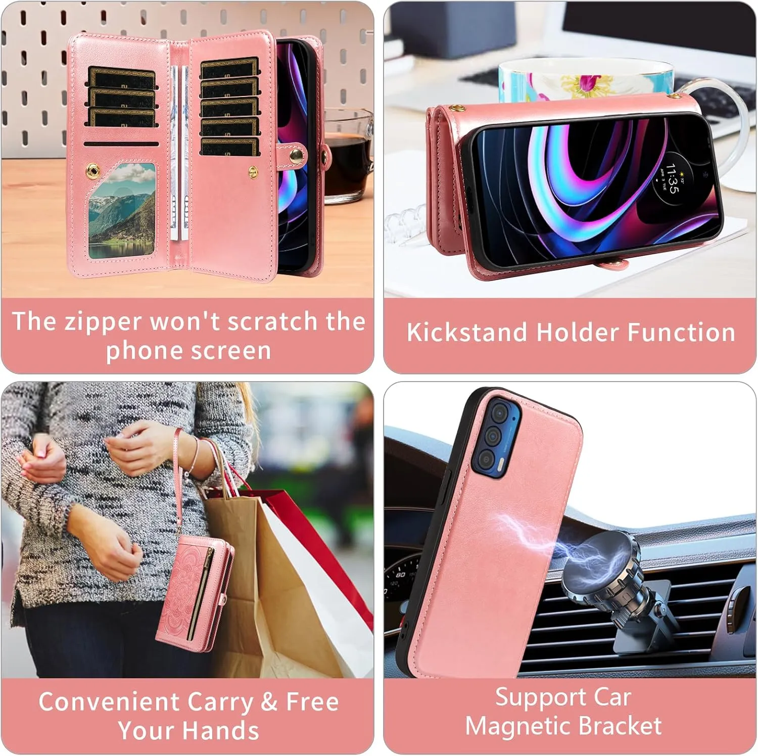 Asuwish Phone Case for Motorola Moto Edge 2021/MotoEdge 5G UW 2021 Zipper Wallet Detachable Cell Cover with Tempered Glass Screen Protector Crossbody Strap Flower Card Holder XT2141-1 Women Rose Gold