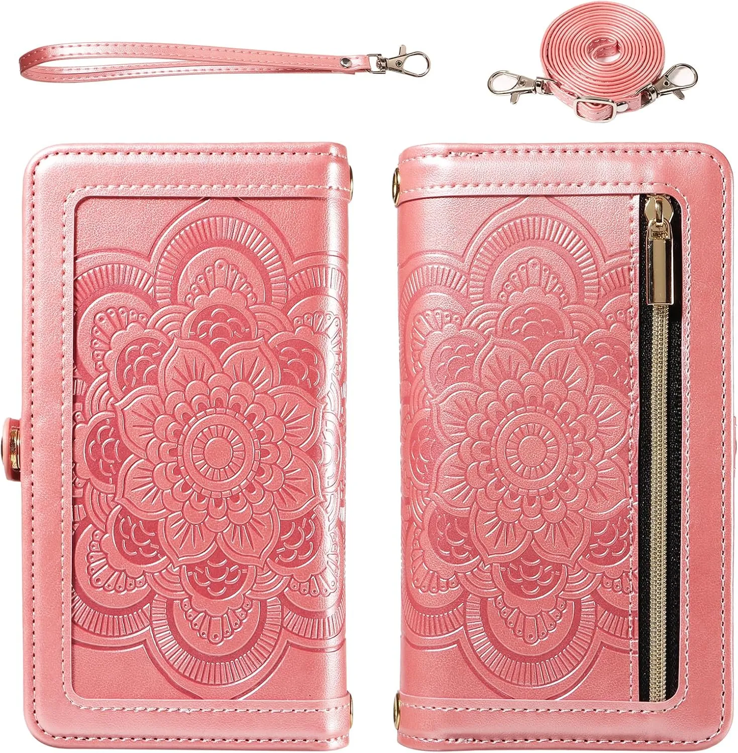 Asuwish Phone Case for Motorola Moto Edge 2021/MotoEdge 5G UW 2021 Zipper Wallet Detachable Cell Cover with Tempered Glass Screen Protector Crossbody Strap Flower Card Holder XT2141-1 Women Rose Gold