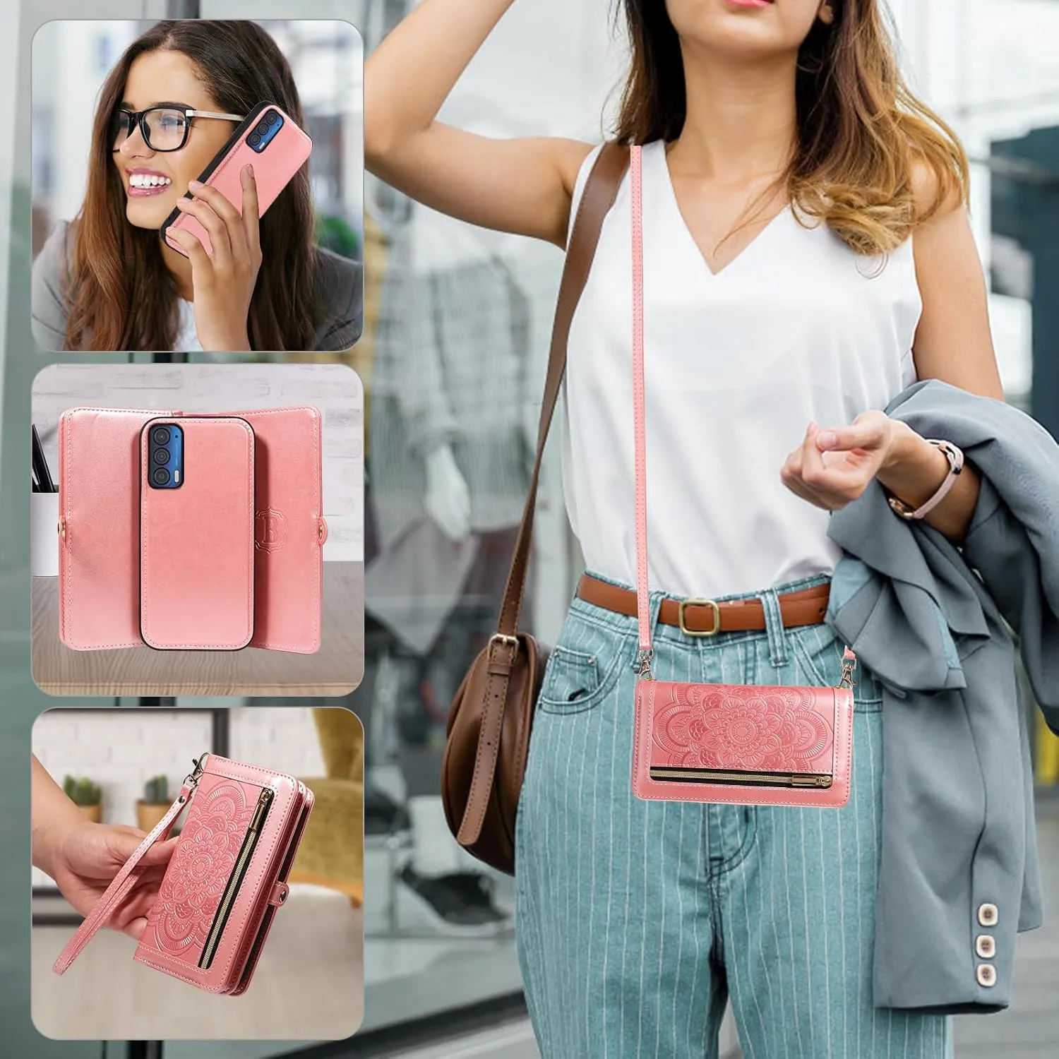 Asuwish Phone Case for Motorola Moto Edge 2021/MotoEdge 5G UW 2021 Zipper Wallet Detachable Cell Cover with Tempered Glass Screen Protector Crossbody Strap Flower Card Holder XT2141-1 Women Rose Gold