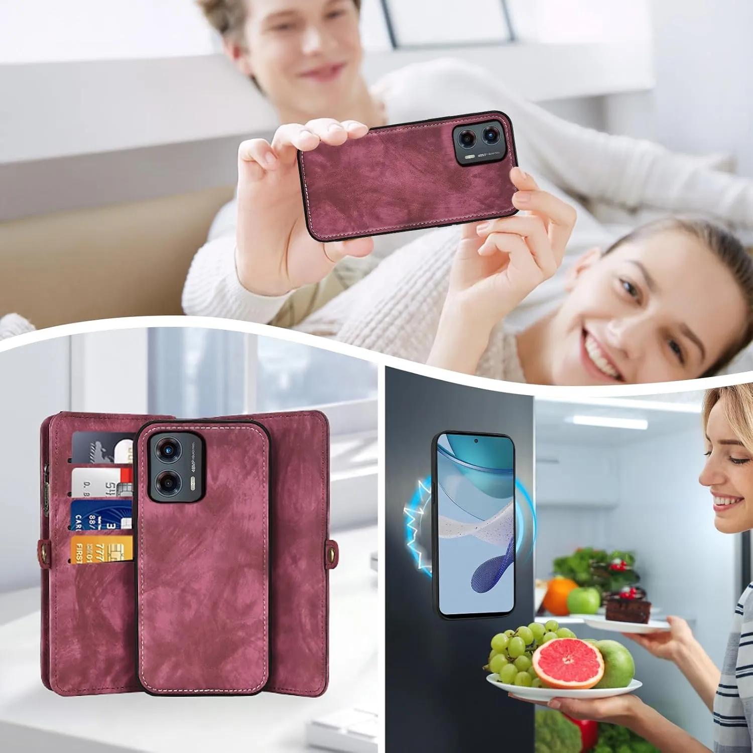 Asuwish Phone Case for Motorola Moto G 5G 2023 Zipper Wallet Magnetic Detachable Cell Cover with Tempered Glass Screen Protector Crossbody Lanyard Strap Flip Card Holder Slot G5G G5 Women Girls Red