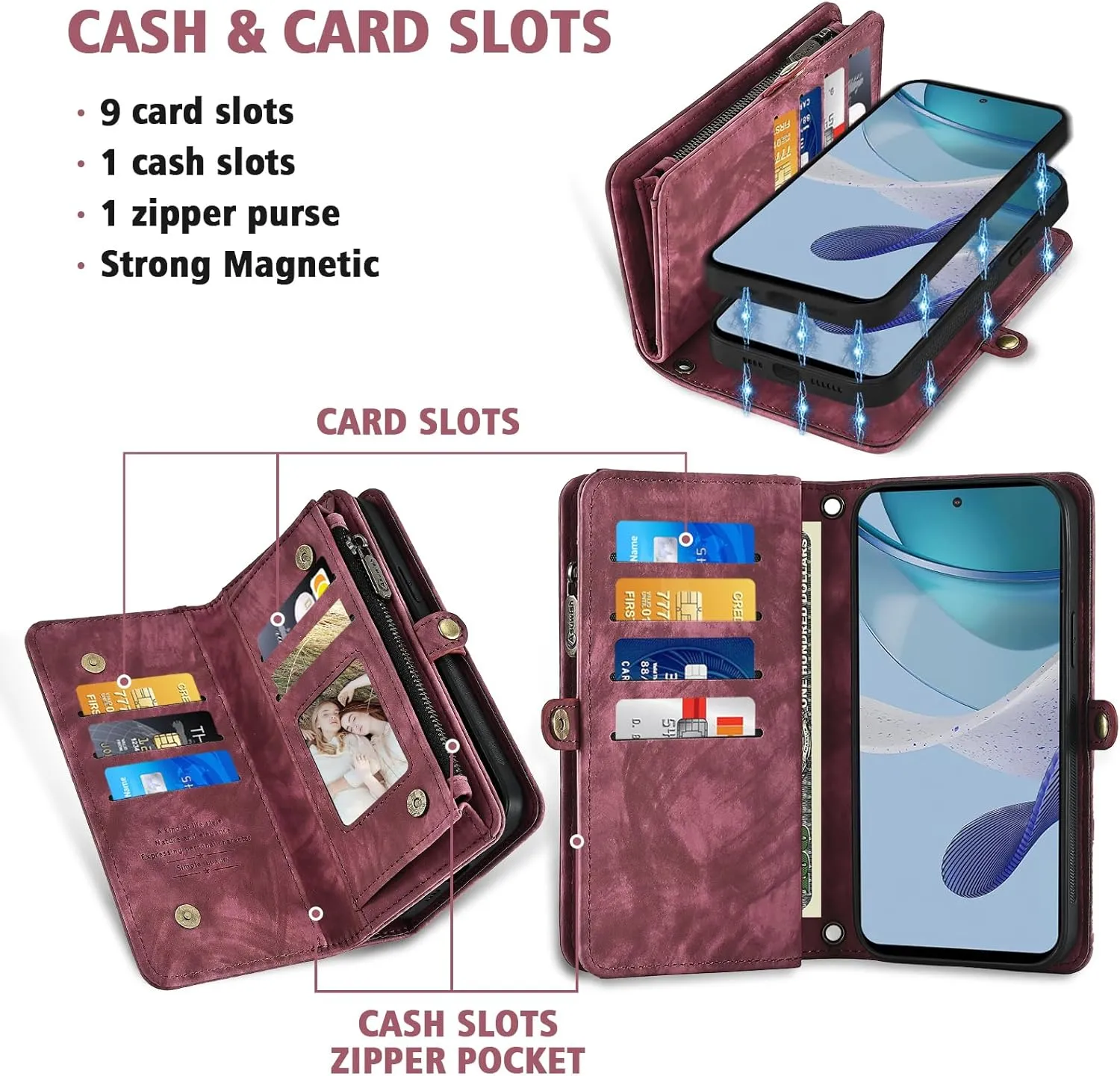Asuwish Phone Case for Motorola Moto G 5G 2023 Zipper Wallet Magnetic Detachable Cell Cover with Tempered Glass Screen Protector Crossbody Lanyard Strap Flip Card Holder Slot G5G G5 Women Girls Red